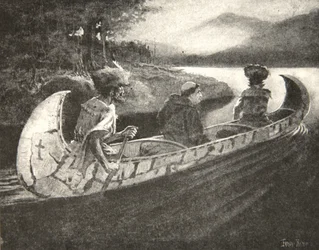 Es kam der Häuptling im schwarzen Gewand, ... das Bleichgesicht, mit seinen Führern und seinen Gefährten, aus „Das Lied von Hiawatha“ von Henry Wadsworth Longfellow (1807-82), veröffentlicht von George G. Harrap and Company Ltd., 1911